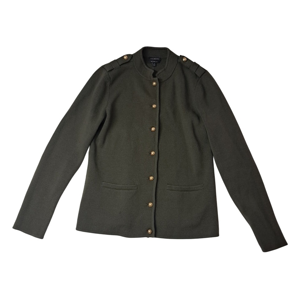 Talbots Cardigan Sweater Womens Small Olive Green Pure Merino Wool Military